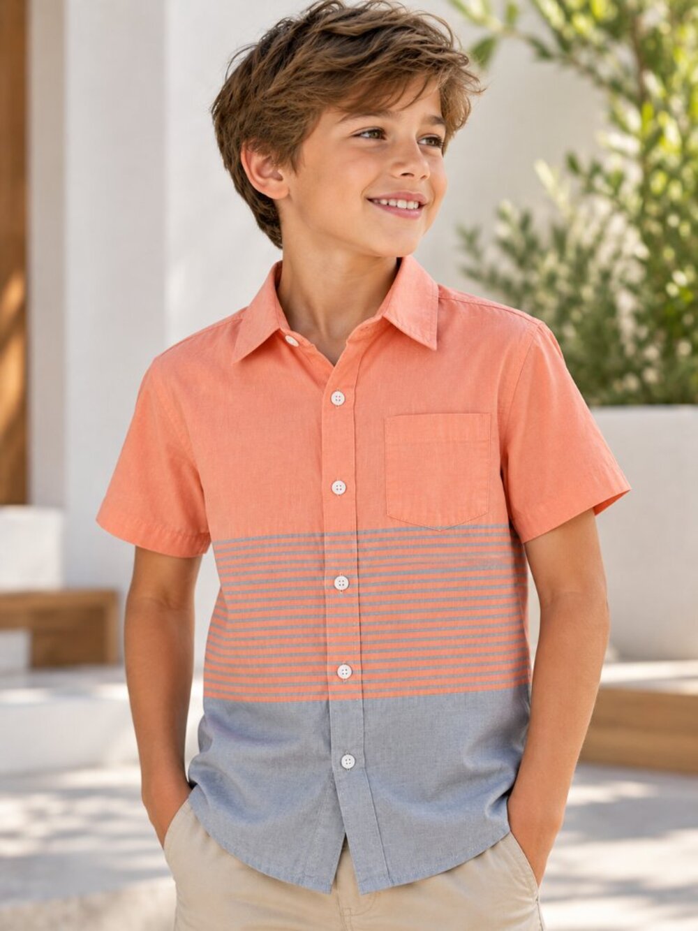 Copper Denim Boys M Coral Gray Colorblock Short Sleeve Button Down Shirt
